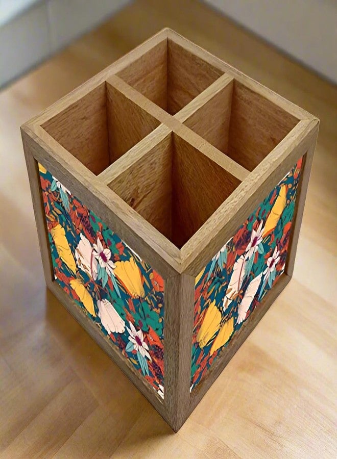 Nutcase Wooden Cutlery Stand Holder Silverware Caddy Spoons Forks Knives Organizer for Dining Table & Kitchen -Made in India-Spoons NOT Included - Rust Flowers - Image 2